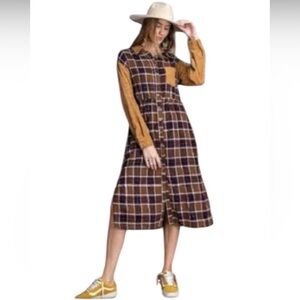 NWT EASEL Plaid Button Down Corduroy Sleeves Pocket Shirt Dress